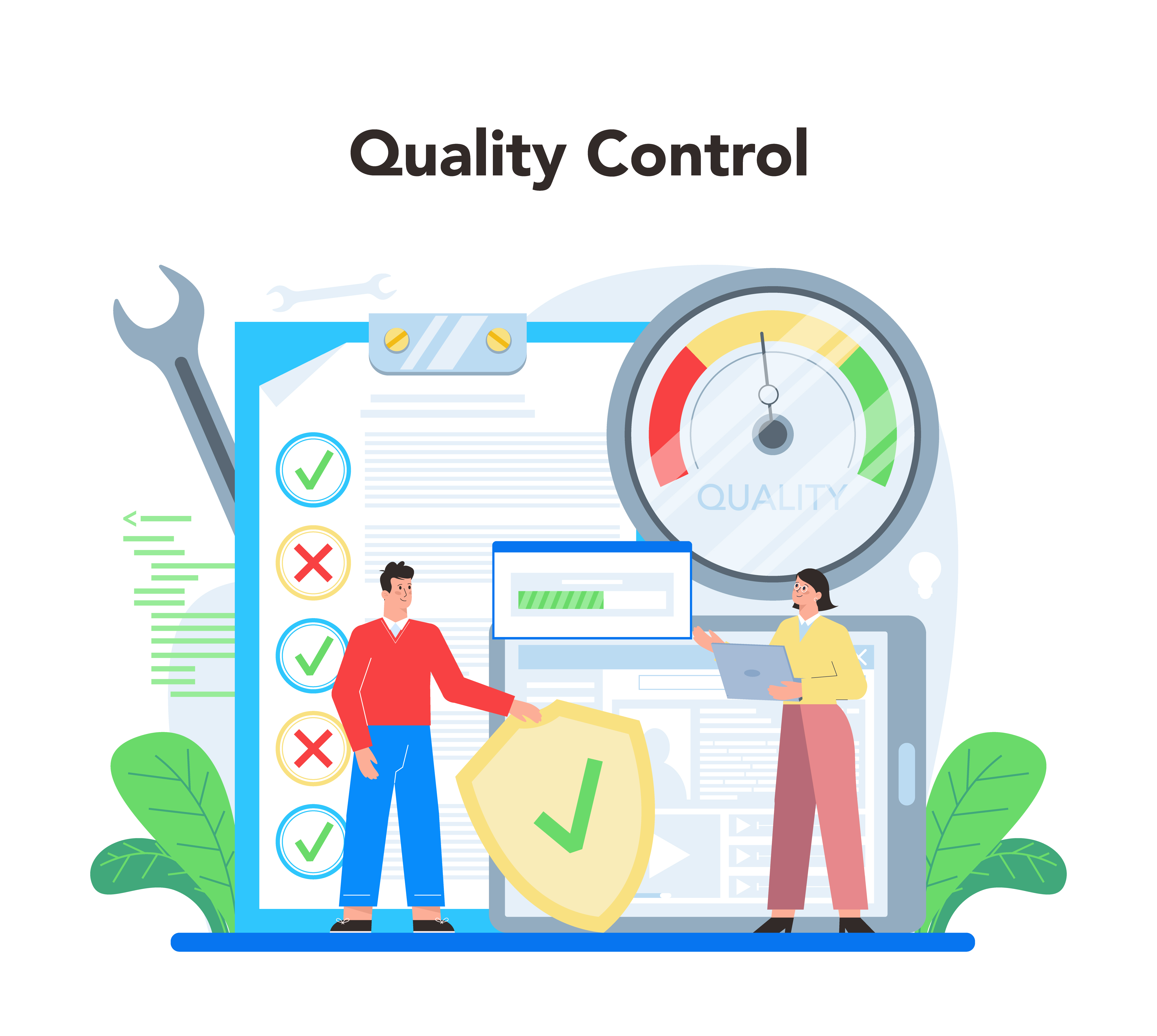 Ilustração apresentando elementos como ferramentas, medidores e duas pessoas analisando dados, representando o controle da qualidade